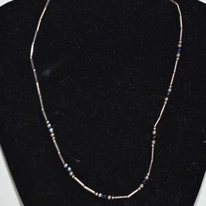 Vintage 80's Silver Tone Tube Blue Beaded 18 inch Choker Barrel Latch Necklace
